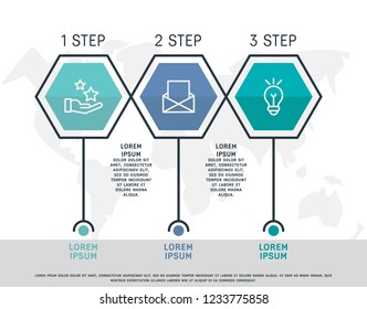 Flat line vector illustration. Infographic template with three elements, hexagons, text. Timeline step by step. Designed for business, presentations, web design, diagrams, training with 3 steps.