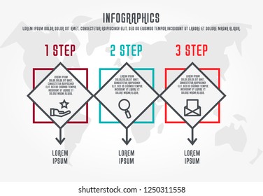 Flat line vector illustration. Infographic template with three elements, rectangle with icons. Designed for business, presentations, web design, process diagrams, training with 3 steps.