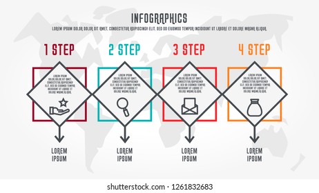 Flat line vector illustration. Infographic template with four elements, rectangle with icons. Designed for business, presentations, web design, process diagrams, training with 4 steps.