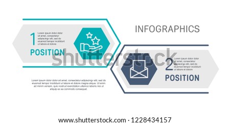 Flat line vector illustration. Infographic template with two elements, hexagons, rectangle. Timeline step by step. Designed for business, presentations, web design, diagrams, training with 2 steps.