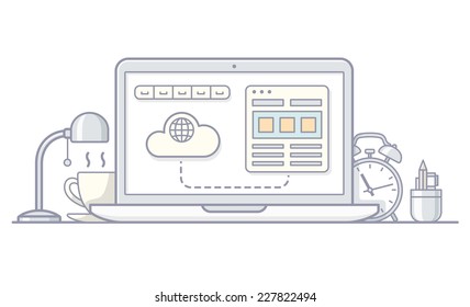 Flat line vector illustration of laptop with alarm, table lamp , cup and pencils