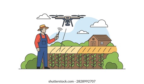 Flat line vector illustration of a male farmer in blue overalls and straw hat operating a quadcopter drone over a cultivated agricultural field with a farmhouse background.