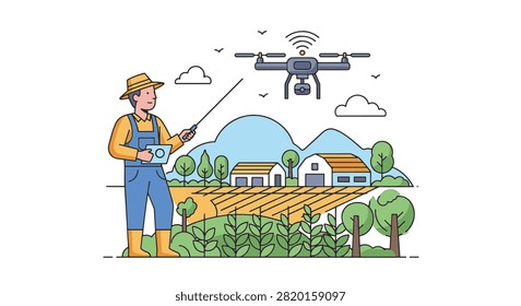 Flat line vector illustration of a modern farmer in blue overalls and straw hat operating a drone over a scenic agricultural landscape with farm buildings, crops, and mountains.
