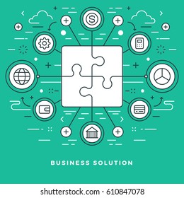 Flat line Vector illustration. Modern thin linear stroke icons. Website Header Graphics, Banner, Infographics Design, Promotional Materials. Business solution, Puzzle pie icon.