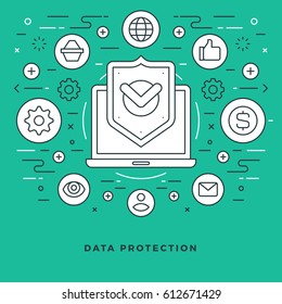 Flat line Vector illustration. Modern thin linear stroke icons. Website Header Graphics, Banner, Infographics Design, Promotional Materials. Data protection, Laptop and security shield icon.