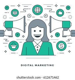 Flat line Vector illustration. Modern thin linear stroke icons. Website Header Graphics, Banner, Infographics Design, Promotional Materials. Digital marketing, Business woman icon.