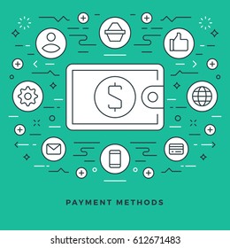 Flat line Vector illustration. Modern thin linear stroke icons. Website Header Graphics, Banner, Infographics Design, Promotional Materials. Payment methods, Money purse icon.
