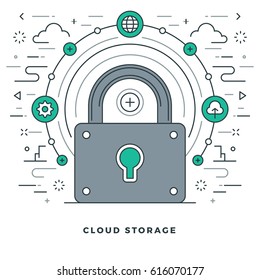 Flat line Vector illustration. Modern thin linear stroke icons. Website Header Graphics, Banner, Infographics Design, Promotional Materials. Cloud storage, Lock icon.