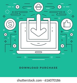 Flat line Vector illustration. Modern thin linear stroke icons. Website Header Graphics, Banner, Infographics Design, Promotional Materials. Download purchase, Arrow icon.