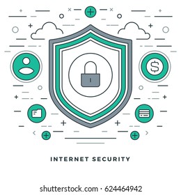 Flat line Vector illustration modern thin linear stroke icons. Website Header Graphics or Banner. Internet security, shield icon.