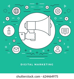 Flat line Vector illustration modern thin linear stroke icons. Website Header Graphics or Banner. Digital marketing, hand holding megaphone icon.