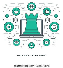 Flat line Vector illustration. Modern thin linear stroke icons. Website Header Graphics, Banner, Infographics Design, Promotional Materials. Internet strategy, chess tower icon.