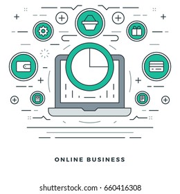Flat line Vector illustration. Modern thin linear stroke icons. Website Header Graphics, Banner, Infographics Design, Promotional Materials. Business online, chart icon.