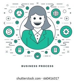 Flat line Vector illustration. Modern thin linear stroke icons. Website Header Graphics, Banner, Infographics Design, Promotional Materials. Business process, woman icon.