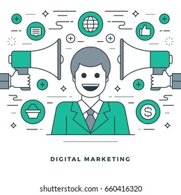 Flat line Vector illustration. Modern thin linear stroke icons. Website Header Graphics, Banner, Infographics Design, Promotional Materials. Digital marketing, man icon.