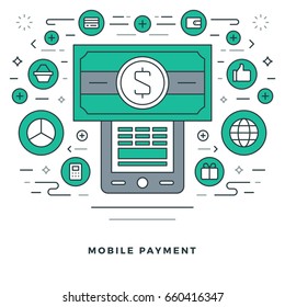 Flat line Vector illustration. Modern thin linear stroke icons. Website Header Graphics, Banner, Infographics Design, Promotional Materials. Mobile payment, telephone and money icon.