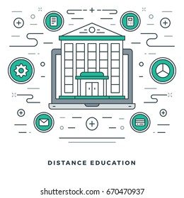 Flat line Vector illustration. Modern thin linear stroke icons. Website Header Graphics, Banner, Infographics Design, Promotional Materials. Distance education, institution building icon.