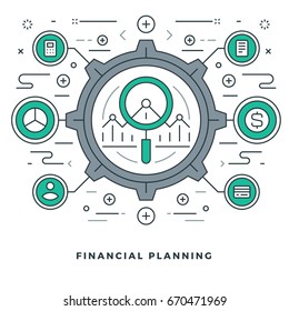 Flat line Vector illustration. Modern thin linear stroke icons. Website Header Graphics, Banner, Infographics Design, Promotional Materials. Financial planning, graph and magnifying glass icon.