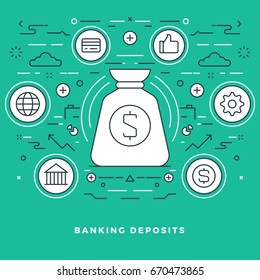 Flat line Vector illustration. Modern thin linear stroke icons. Website Header Graphics, Banner, Infographics Design, Promotional Materials. Banking deposits, money bag cup icon.