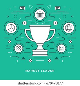 Flat line Vector illustration. Modern thin linear stroke icons. Website Header Graphics, Banner, Infographics Design, Promotional Materials. Market leader, trophy cup icon.