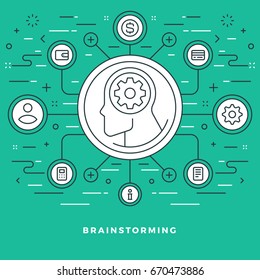 Flat line Vector illustration. Modern thin linear stroke icons. Website Header Graphics, Banner, Infographics Design, Promotional Materials. Brainstorming, thinking human head icon.