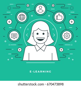 Flat line Vector illustration. Modern thin linear stroke icons. Website Header Graphics, Banner, Infographics Design, Promotional Materials. E-learning, teacher woman character icon.