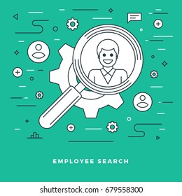 Flat line Vector illustration. Modern thin linear stroke icons. Website Header Graphics, Banner, Infographics Design, Promotional Materials. Employee search, man character icon.