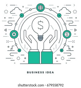 Flat line Vector illustration. Modern thin linear stroke icons. Website Header Graphics, Banner, Infographics Design, Promotional Materials. Business idea, hads holding lamp icon.