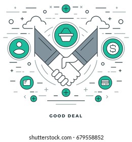Flat line Vector illustration. Modern thin linear stroke icons. Website Header Graphics, Banner, Infographics Design, Promotional Materials. Good deal, handshake icon.