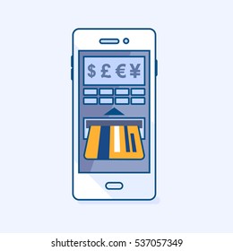 Flat line vector illustration of money cash balance check in ATM cash machine smartphone mobile on credit card through phone. Wallet banking eCommerce business finance concept, icon, pictogram