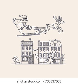 Flat line vector illustration on Winter holidays in the city with Santa Claus flying over town in his sleigh pulled by deer