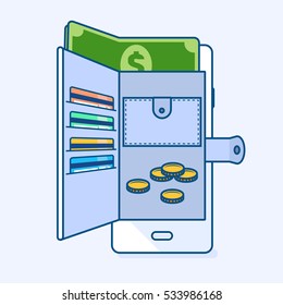 Flat line vector illustration of open smartphone mobile wallet with coins, money banknote, credit card. Reliable safe security available purse. Phone banking  eCommerce business finance concept, icon