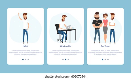 Flat Line Vector Illustration. Presentation of the company: About us, what we do, the team. Cute cartoon characters. Interface UX, UI GUI screen template for smart phone or web site banners