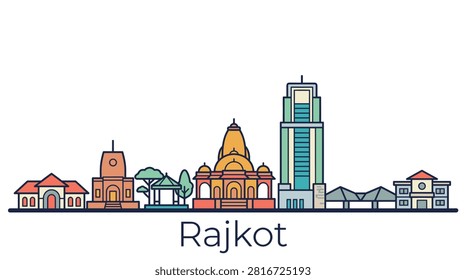 A flat line vector illustration of the Rajkot city skyline featuring historic landmarks and modern buildings on a white background.