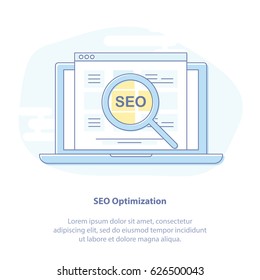 Flache Vektorgrafik von SEO, gefüllter, fettgedruckter Umriss-Laptop mit Lupe. Grafisches Design Konzept des digitalen Marketing, SEO Optimierung und Analyse, Website-Analyse. Blaue Linien - Symbole einzeln