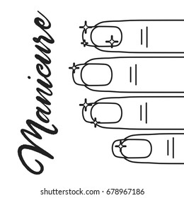Flat line vector illustration of shiny nail art. Female hands nail polish on background.