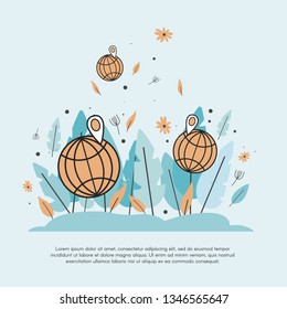 Flat line vector illustration. Worldwide sign on the floral background. Great for web,landing page,etc.