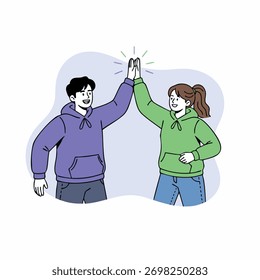 Ilustración vectorial de línea plana de hombre y mujer joven dando un alto cinco, simbolizando el éxito y el trabajo en equipo.