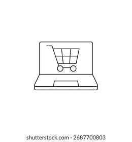 Flache Linie Vektor eines Laptops mit einem Warenkorb.