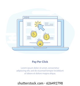 Flat line vector marketing illustration concept of Pay Per Click or Pay Per Action. Laptop and screen with browser icon. Use in Web Project and Applications. Blue outline isolated object.