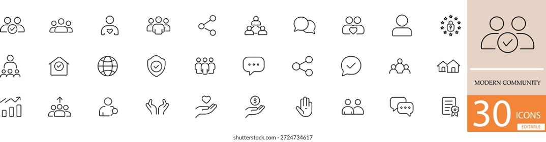 Flat line vector modern community icon set showing people, connection, and social interaction concepts in clean minimal style. Perfect for social, urban, and community-based design use