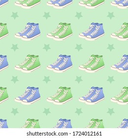 Flat line vector pattern with a pair of the high top blue and green sneakers and stars on the green background