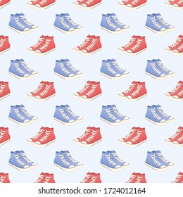 Flat line vector pattern with a pair of the high top blue and red sneakers  on the blue background