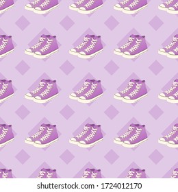 Flat line vector pattern with a pair of the high top purple sneakers and rombs on the lavander background