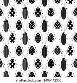 Flat line vector seamless pattern wildlife fauna bug, scarab. Simplified retro cartoon style. Insect. Beetle. Entomology. Nature ornament. Forest life.