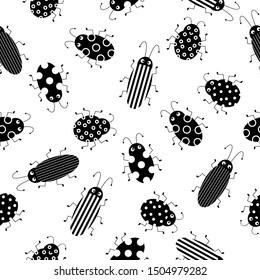 Flat line vector seamless pattern wildlife fauna bug, scarab. Simplified retro cartoon style. Insect. Beetle. Entomology. Nature ornament. Forest life.