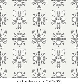 Flat line vector seamless pattern ocean lobster and steering wheel. Simplified retro cartoon style. Cancer. Omar. Seafood delicacy. Shell. Claw. Crustacean. Illustration for your design wallpaper.