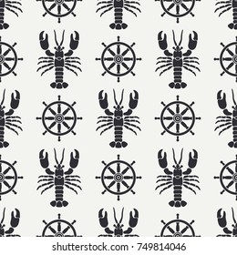 Flat line vector seamless pattern ocean lobster and steering wheel. Simplified retro cartoon style. Cancer. Omar. Seafood delicacy. Shell. Claw. Crustacean. Illustration for your design wallpaper.