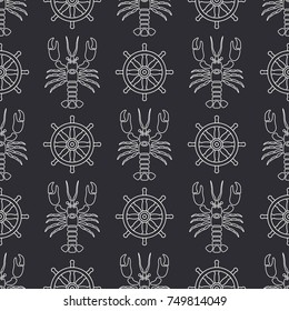 Flat line vector seamless pattern ocean lobster and steering wheel. Simplified retro cartoon style. Cancer. Omar. Seafood delicacy. Shell. Claw. Crustacean. Illustration for your design wallpaper.