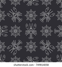 Flat line vector seamless pattern ocean lobster and steering wheel. Simplified retro cartoon style. Cancer. Omar. Seafood delicacy. Shell. Claw. Crustacean. Illustration for your design wallpaper.